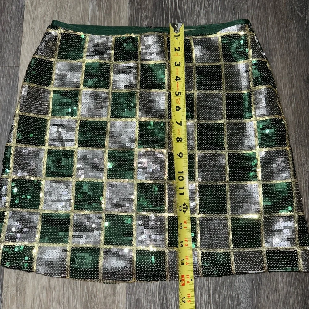 Judith March Green & Silver Checked Print Sequined Mini Skirt - Size Small